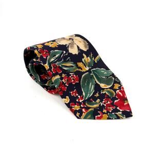 Vintage 90s Geoffrey Beene Navy Blue 100% Silk Impressionist Floral Necktie